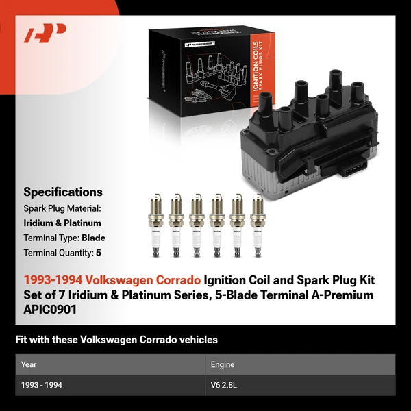 1993-1994 Volkswagen Corrado Ignition Coil and Spark Plug Kit Set of 7 Iridium & Platinum Series, 5-Blade Terminal A-Premium APIC0901