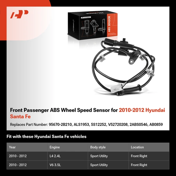 Front Passenger ABS Wheel Speed Sensor for 2010-2012 Hyundai Santa Fe