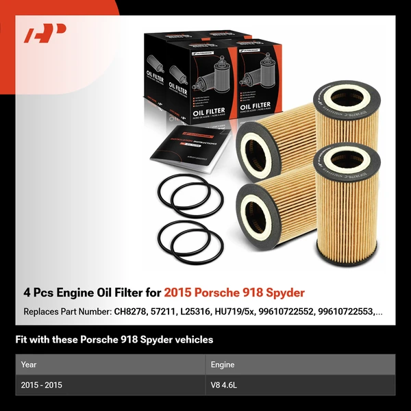 4 Pcs Engine Oil Filter for 2015 Porsche 918 Spyder
