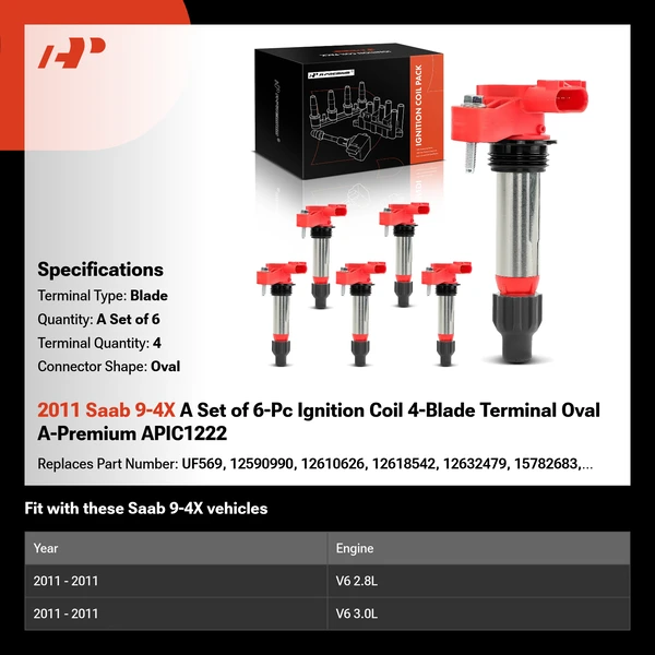 2011 Saab 9-4X A Set of 6-Pc Ignition Coil 4-Blade Terminal Oval A-Premium APIC1222