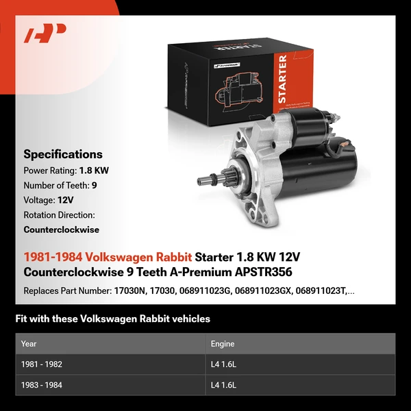 1981-1984 Volkswagen Rabbit Starter 1.8 KW 12V Counterclockwise 9 Teeth A-Premium APSTR356