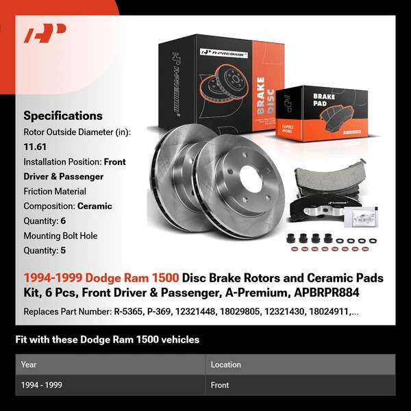 1994-1999 Dodge Ram 1500 Disc Brake Rotors and Ceramic Pads Kit, 6 Pcs, Front Driver & Passenger, A-Premium, APBRPR884