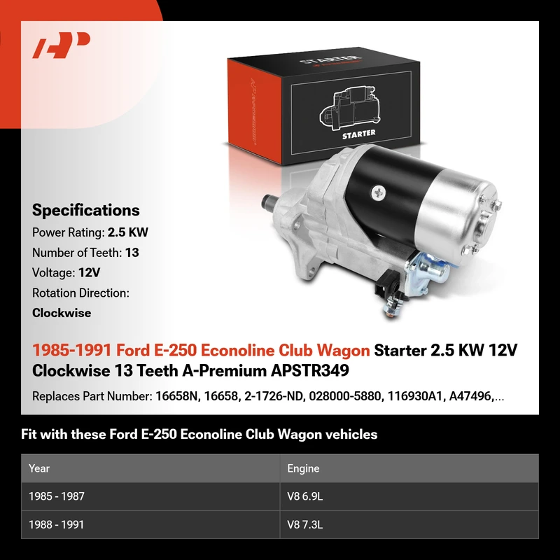 1985-1991 Ford E-250 Econoline Club Wagon Starter 2.5 KW 12V Clockwise 13 Teeth A-Premium APSTR349