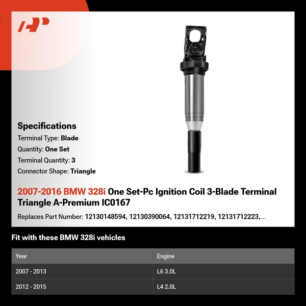 2007-2016 BMW 328i One Set-Pc Ignition Coil 3-Blade Terminal Triangle A-Premium IC0167