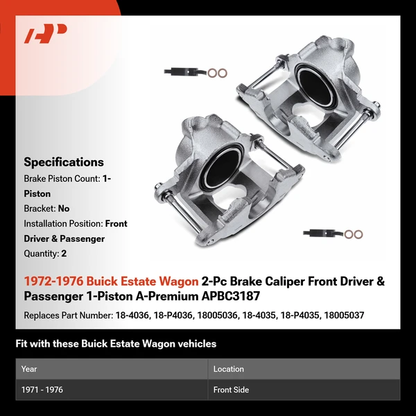 1972-1976 Buick Estate Wagon 2-Pc Brake Caliper Front Driver & Passenger 1-Piston A-Premium APBC3187