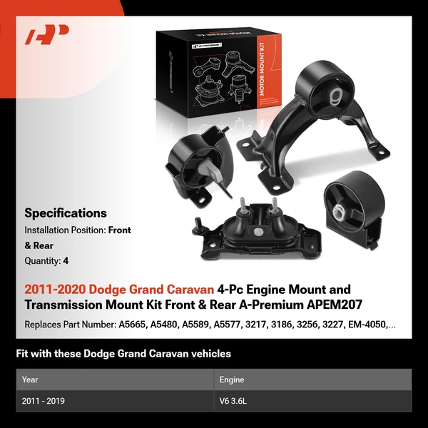 2011-2020 Dodge Grand Caravan 4-Pc Engine Mount and Transmission Mount Kit Front & Rear A-Premium APEM207