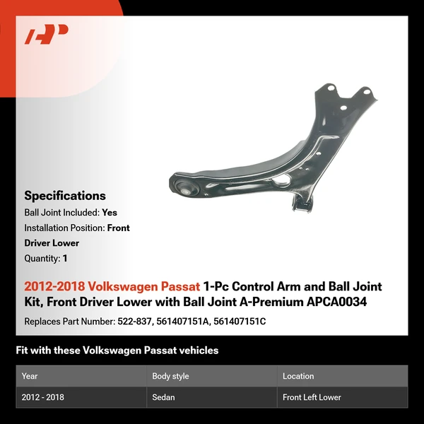 2012-2018 Volkswagen Passat 1-Pc Control Arm and Ball Joint Kit, Front Driver Lower with Ball Joint A-Premium APCA0034