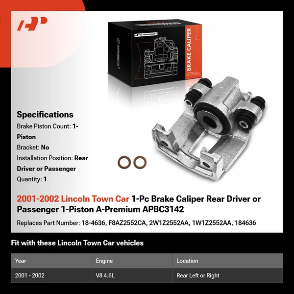 2001-2002 Lincoln Town Car 1-Pc Brake Caliper Rear Driver or Passenger 1-Piston A-Premium APBC3142