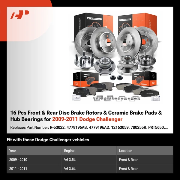 16 Pcs Front & Rear Disc Brake Rotors & Ceramic Brake Pads & Hub Bearings for 2009-2011 Dodge Challenger