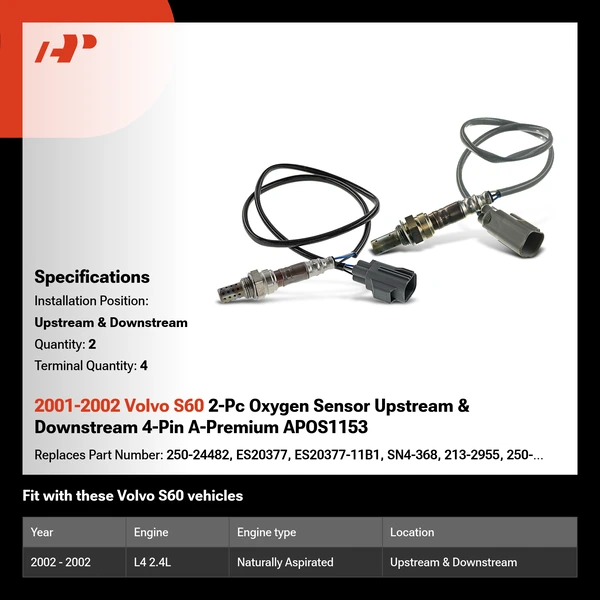 2001-2002 Volvo S60 2-Pc Oxygen Sensor Upstream & Downstream 4-Pin A-Premium APOS1153