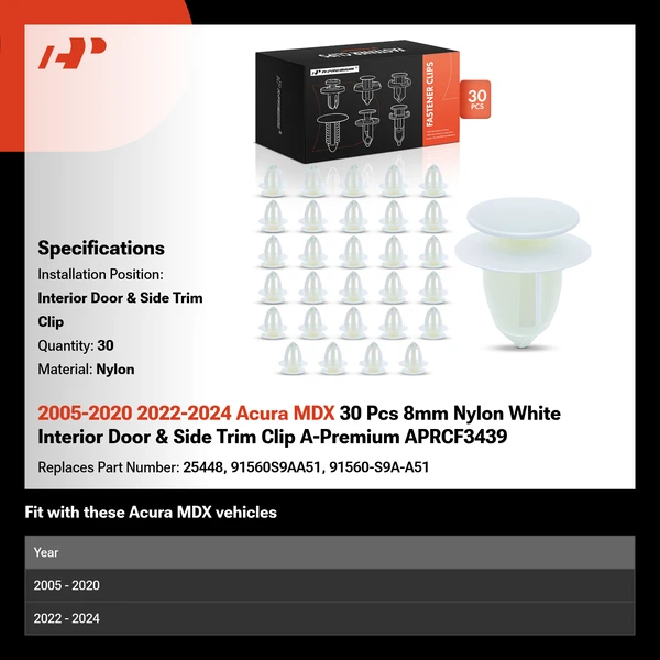 2005-2020 2022-2024 Acura MDX 30 Pcs 8mm Nylon White Interior Door & Side Trim Clip A-Premium APRCF3439