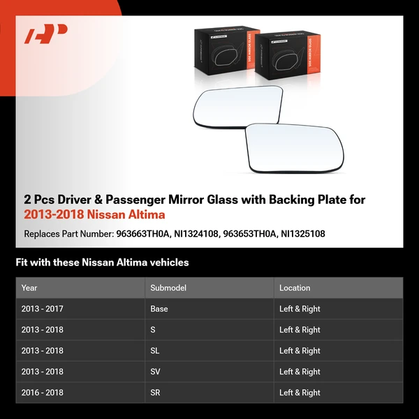 2 Pcs Driver & Passenger Mirror Glass with Backing Plate for 2013-2018 Nissan Altima
