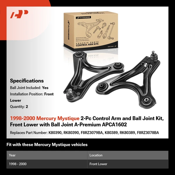 1998-2000 Mercury Mystique 2-Pc Control Arm and Ball Joint Kit, Front Lower with Ball Joint A-Premium APCA1602