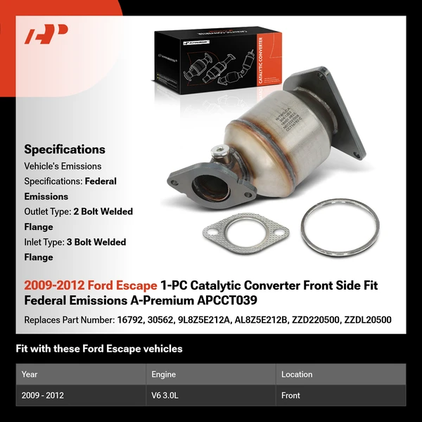 2009-2012 Ford Escape 1-PC Catalytic Converter Front Side Fit Federal Emissions A-Premium APCCT039