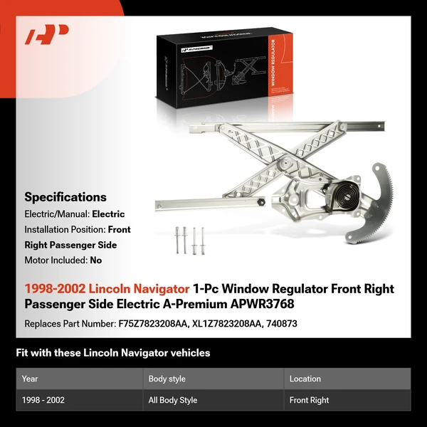 1998-2002 Lincoln Navigator 1-Pc Window Regulator Front Right Passenger Side Electric A-Premium APWR3768