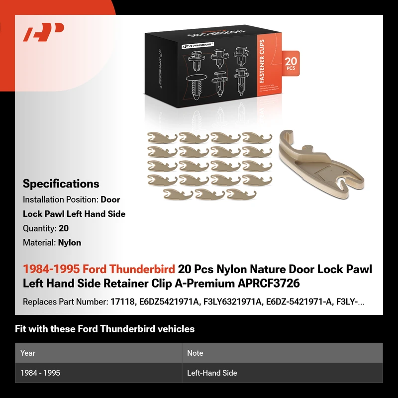 1984-1995 Ford Thunderbird 20 Pcs Nylon Nature Door Lock Pawl Left Hand Side Retainer Clip A-Premium APRCF3726
