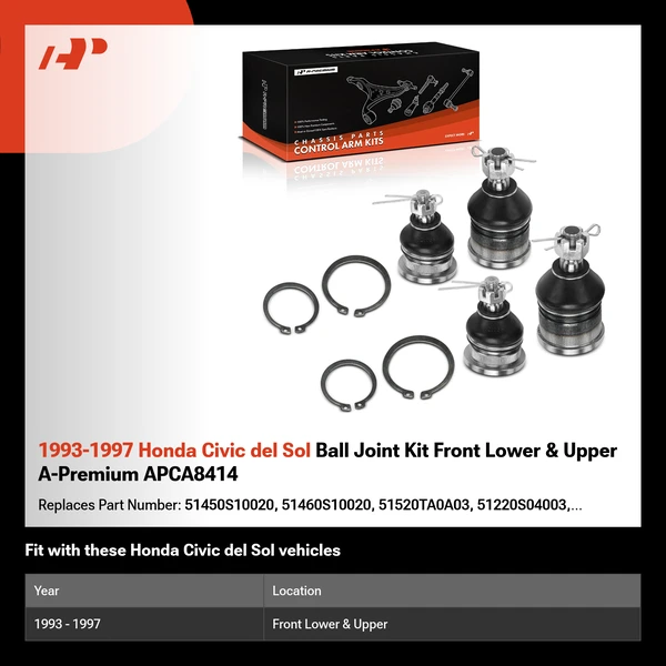 1993-1997 Honda Civic del Sol Ball Joint Kit Front Lower & Upper A-Premium APCA8414