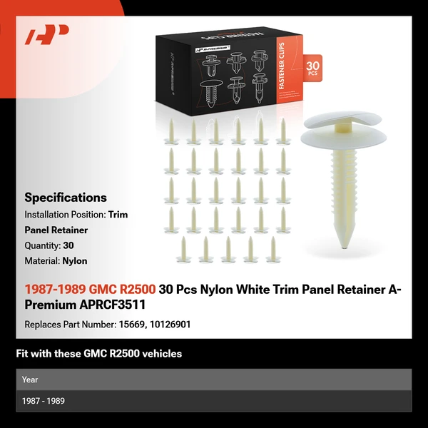 1987-1989 GMC R2500 30 Pcs Nylon White Trim Panel Retainer A-Premium APRCF3511