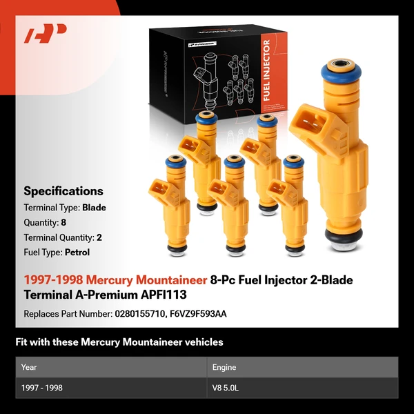 1997-1998 Mercury Mountaineer 8-Pc Fuel Injector 2-Blade Terminal A-Premium APFI113