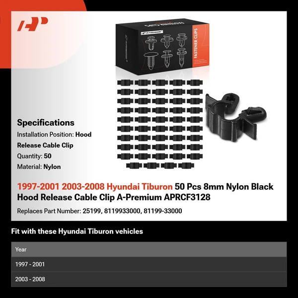 1997-2001 2003-2008 Hyundai Tiburon 50 Pcs 8mm Nylon Black Hood Release Cable Clip A-Premium APRCF3128