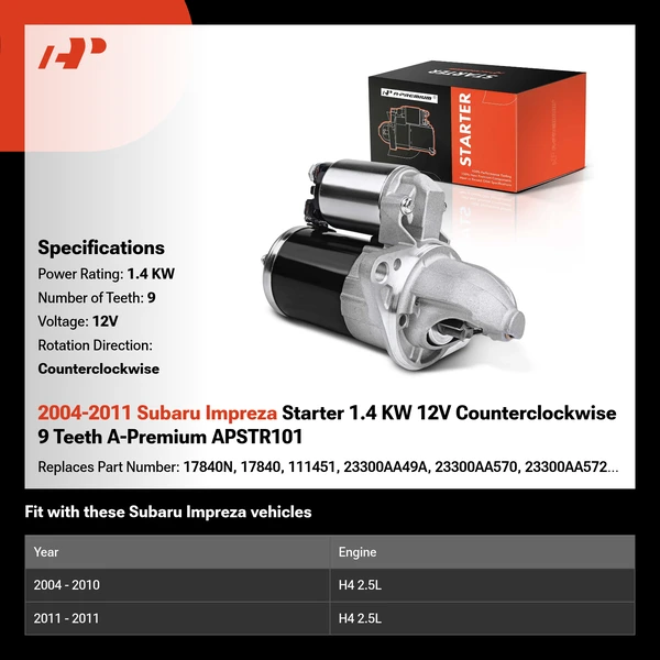 2004-2011 Subaru Impreza Starter 1.4 KW 12V Counterclockwise 9 Teeth A-Premium APSTR101
