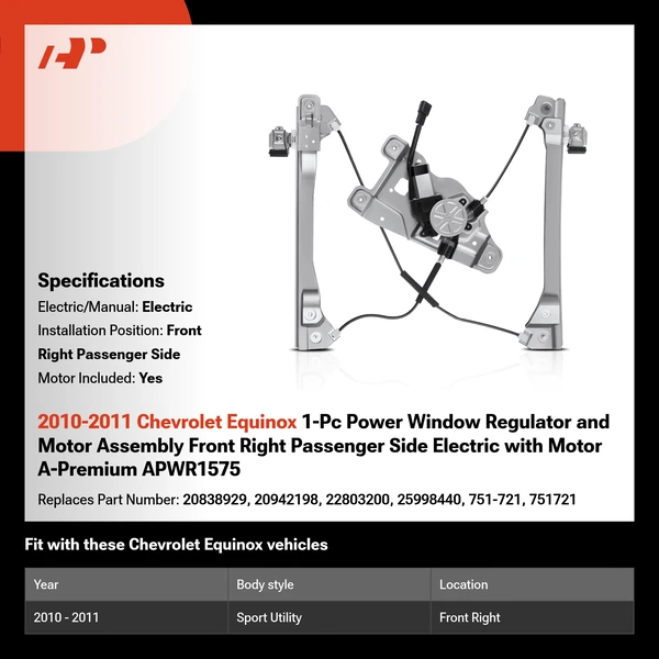 2010-2011 Chevrolet Equinox 1-Pc Power Window Regulator and Motor Assembly Front Right Passenger Side Electric with Motor A-Premium APWR1575