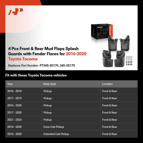 4 Pcs Front & Rear Mud Flaps Splash Guards with Fender Flares for 2016-2020 Toyota Tacoma