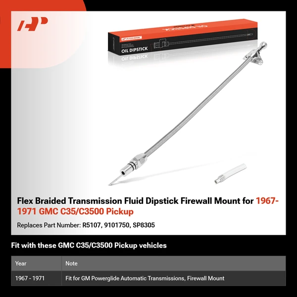Flex Braided Transmission Fluid Dipstick Firewall Mount for 1967-1971 GMC C35/C3500 Pickup