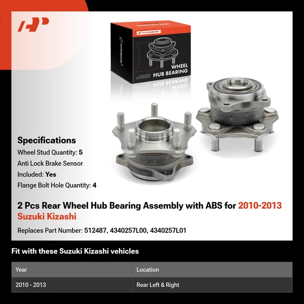 2 Pcs Rear Wheel Hub Bearing Assembly with ABS for 2010-2013 Suzuki Kizashi
