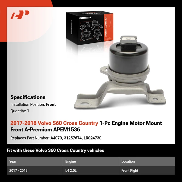2017-2018 Volvo S60 Cross Country 1-Pc Engine Motor Mount Front A-Premium APEM1536
