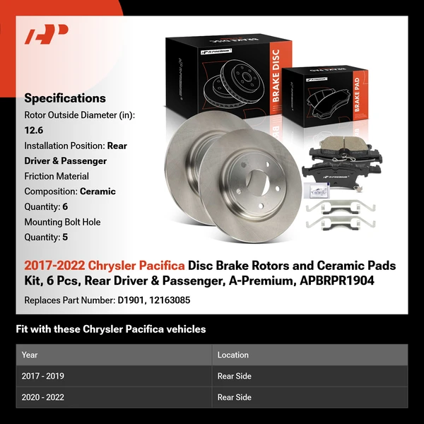 2017-2022 Chrysler Pacifica Disc Brake Rotors and Ceramic Pads Kit, 6 Pcs, Rear Driver & Passenger, A-Premium, APBRPR1904