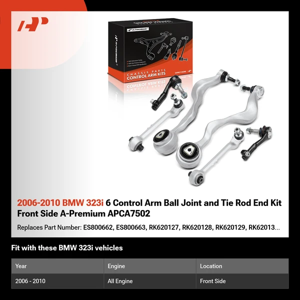 2006-2010 BMW 323i 6 Control Arm Ball Joint and Tie Rod End Kit Front Side A-Premium APCA7502