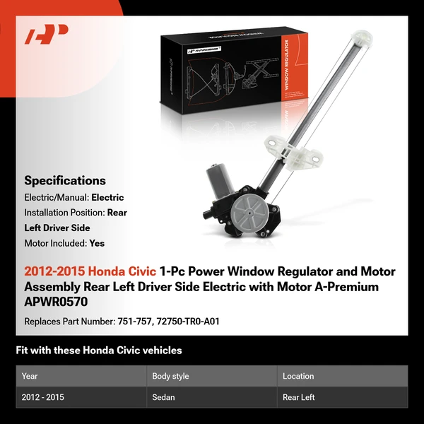 2012-2015 Honda Civic 1-Pc Power Window Regulator and Motor Assembly Rear Left Driver Side Electric with Motor A-Premium APWR0570