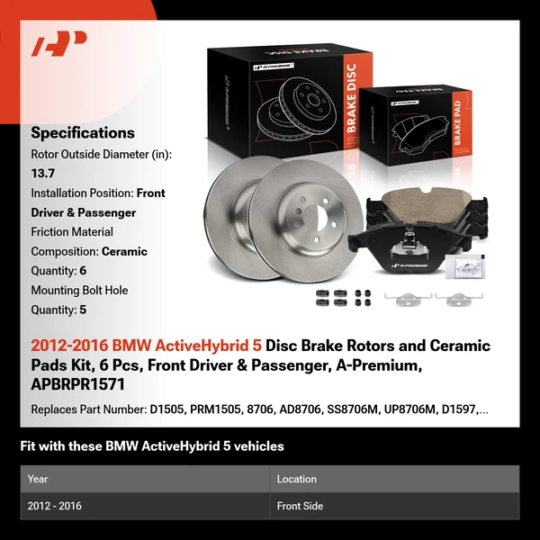 2012-2016 BMW ActiveHybrid 5 Disc Brake Rotors and Ceramic Pads Kit, 6 Pcs, Front Driver & Passenger, A-Premium, APBRPR1571
