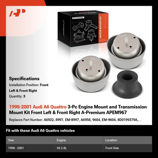1998-2001 Audi A6 Quattro 3-Pc Engine Mount and Transmission Mount Kit Front Left & Front Right A-Premium APEM967