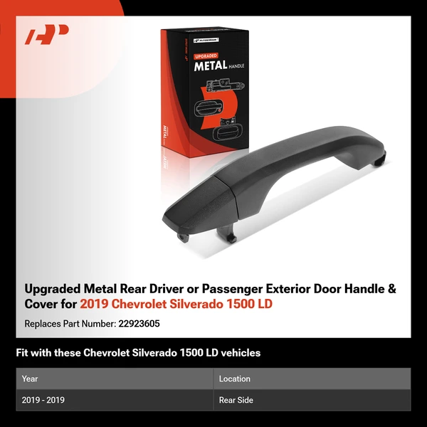 Upgraded Metal Rear Driver or Passenger Exterior Door Handle & Cover for 2019 Chevrolet Silverado 1500 LD