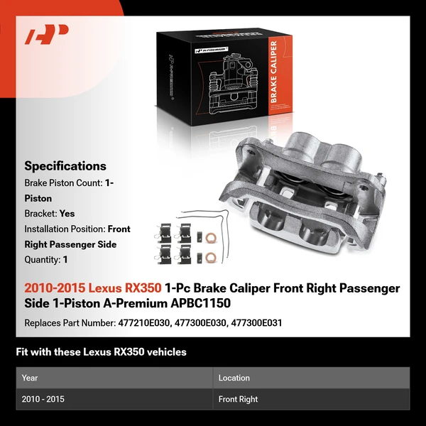2010-2015 Lexus RX350 1-Pc Brake Caliper Front Right Passenger Side 1-Piston A-Premium APBC1150