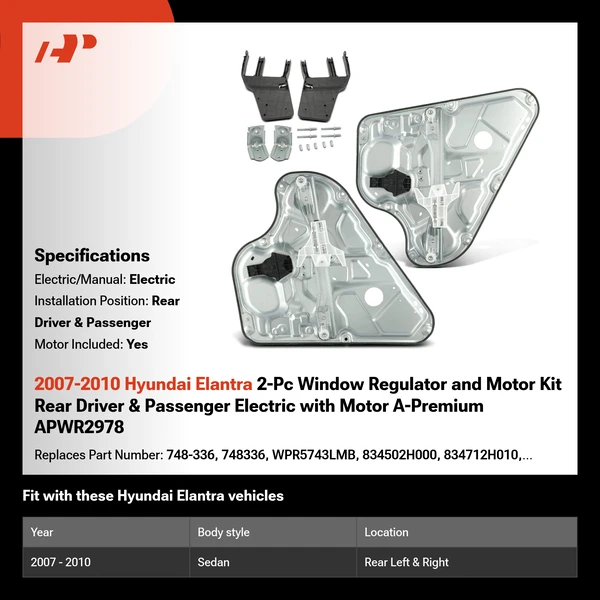 2007-2010 Hyundai Elantra 2-Pc Window Regulator and Motor Kit Rear Driver & Passenger Electric with Motor A-Premium APWR2978