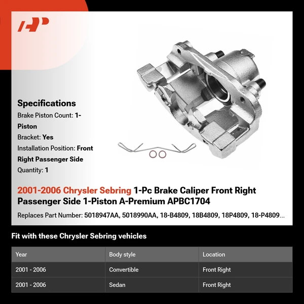 2001-2006 Chrysler Sebring 1-Pc Brake Caliper Front Right Passenger Side 1-Piston A-Premium APBC1704
