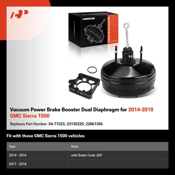 Vacuum Power Brake Booster Dual Diaphragm for 2014-2018 GMC Sierra 1500