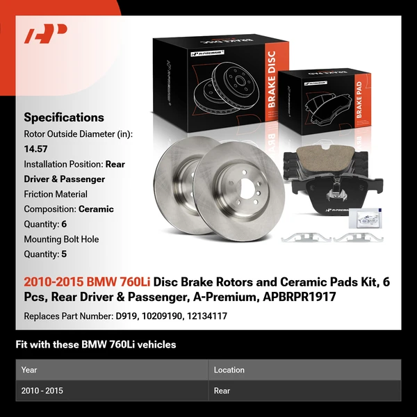 2010-2015 BMW 760Li Disc Brake Rotors and Ceramic Pads Kit, 6 Pcs, Rear Driver & Passenger, A-Premium, APBRPR1917