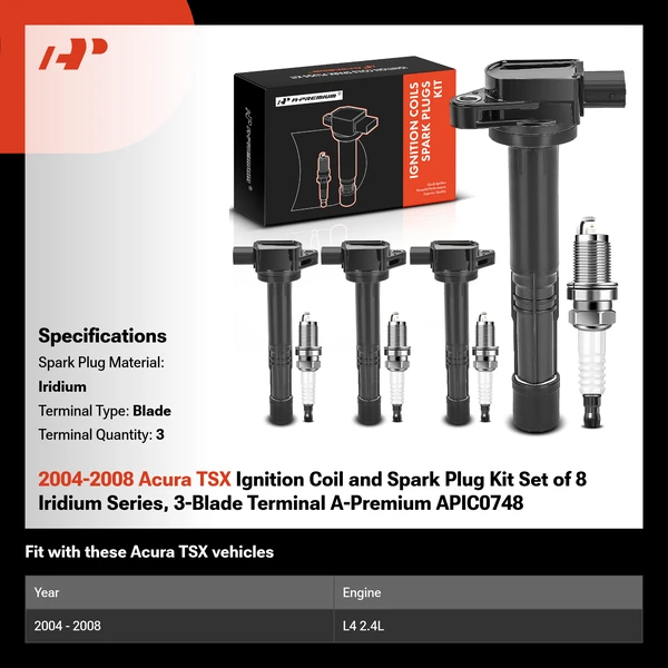 2004-2008 Acura TSX Ignition Coil and Spark Plug Kit Set of 8 Iridium Series, 3-Blade Terminal A-Premium APIC0748