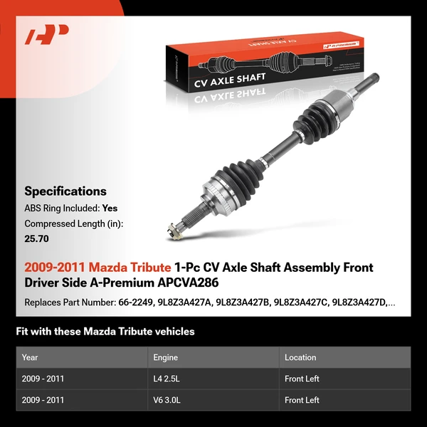 2009-2011 Mazda Tribute 1-Pc CV Axle Shaft Assembly Front Driver Side A-Premium APCVA286