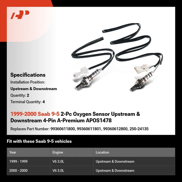 1999-2000 Saab 9-5 2-Pc Oxygen Sensor Upstream & Downstream 4-Pin A-Premium APOS1478