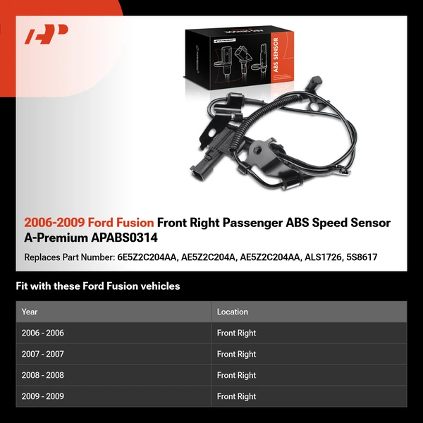 2006-2009 Ford Fusion Front Right Passenger ABS Speed Sensor A-Premium APABS0314