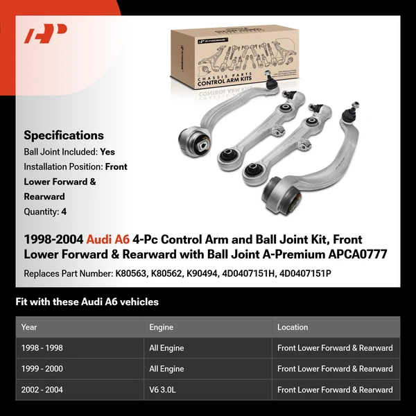 1998-2004 Audi A6 4-Pc Control Arm and Ball Joint Kit, Front Lower Forward & Rearward with Ball Joint A-Premium APCA0777