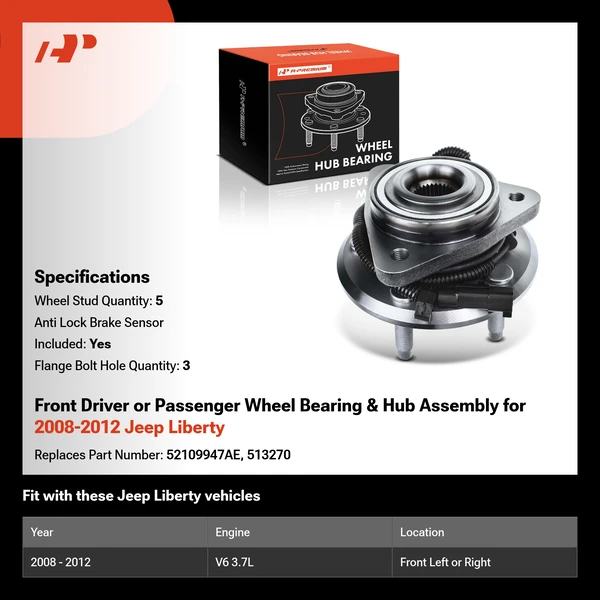 Front Driver or Passenger Wheel Bearing & Hub Assembly for 2008-2012 Jeep Liberty