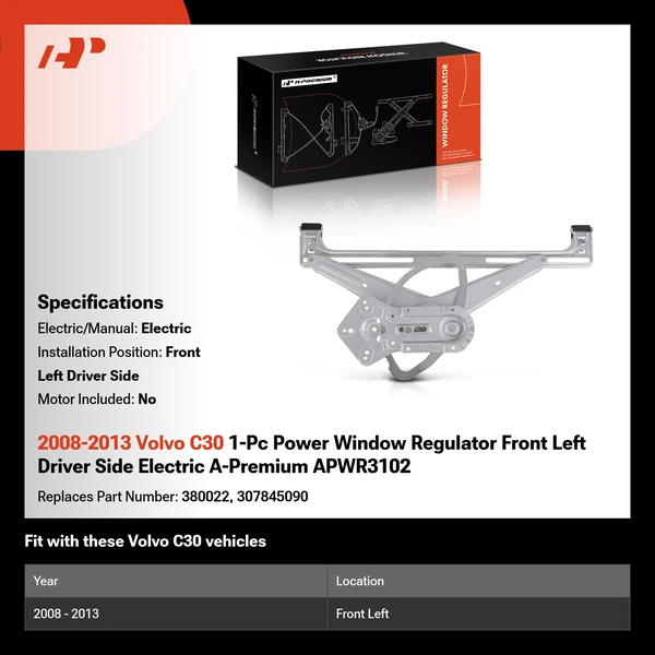 2008-2013 Volvo C30 1-Pc Power Window Regulator Front Left Driver Side Electric A-Premium APWR3102