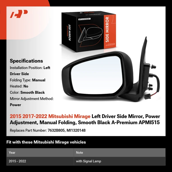 2015 2017-2022 Mitsubishi Mirage Left Driver Side Mirror, Power Adjustment, Manual Folding, Smooth Black A-Premium APMI515