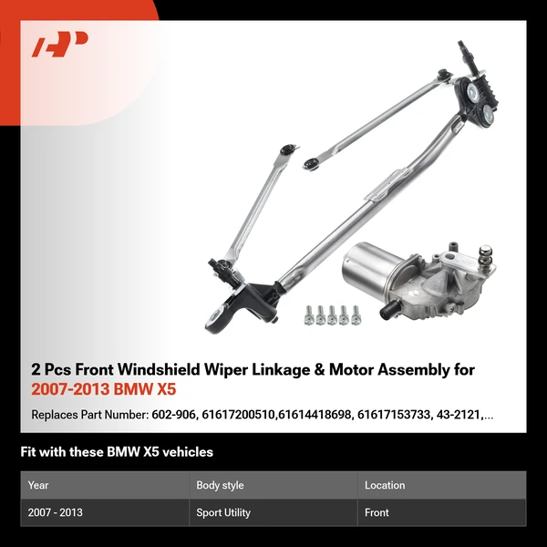2 Pcs Front Windshield Wiper Linkage & Motor Assembly for 2007-2013 BMW X5